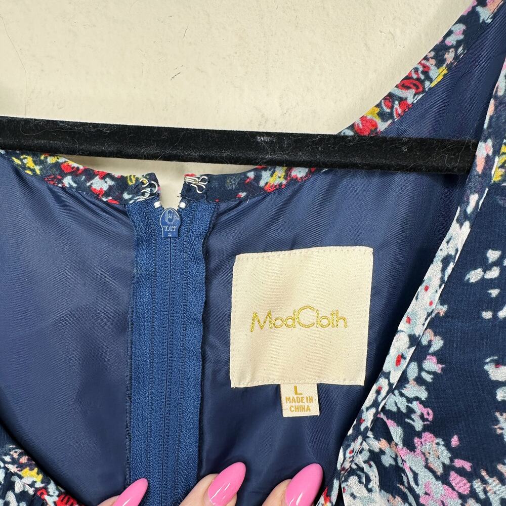 ModCloth Fiore Your Entertainment Flora Navy Blue Floral Cold Shoulder Dress Lg - Picture 6 of 16